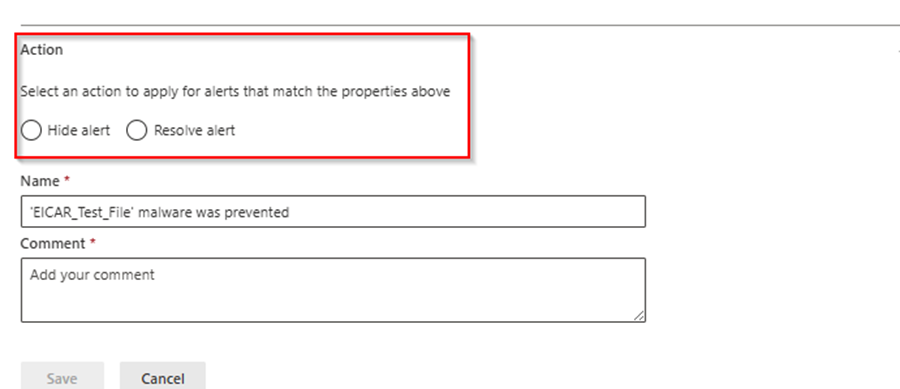 Screenshot from a security alert rule configuration interface showing action options.